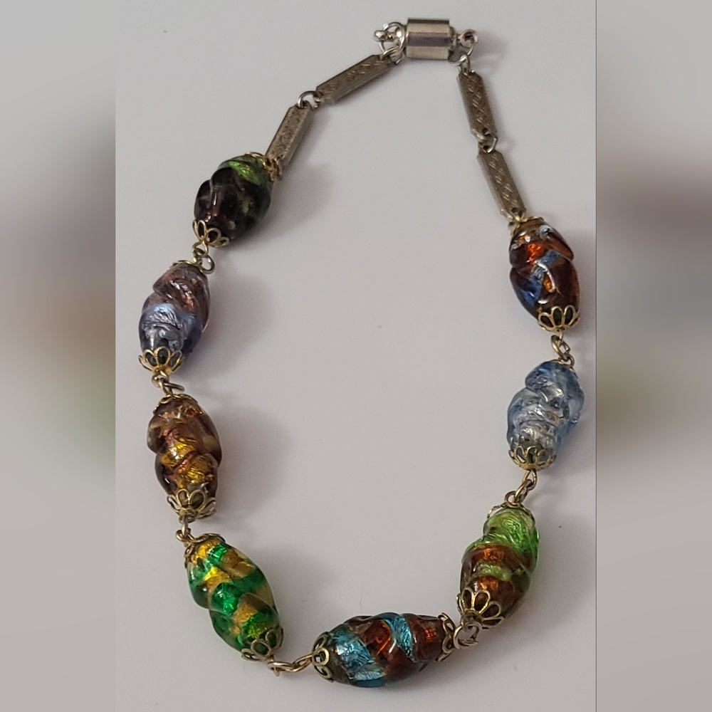 Vintage Venetian Murano Handmade Glass Twist Foil Beads Necklace Estate Choker